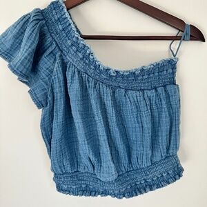 Aerie Denim One-Shoulder Smocked Crop Top — Women’s Size Small, Blue